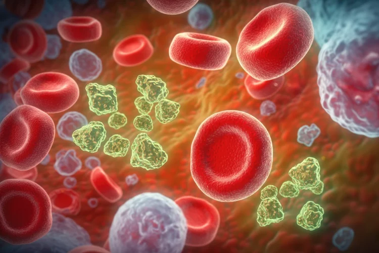 3D illustration of red blood cells and circulating tumour DNA fragments in a person’s bloodstream.