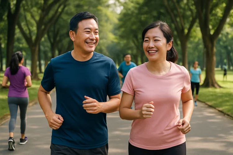 Asian couple jogging in a park as part of a healthy lifestyle to support vitality and healthy ageing.