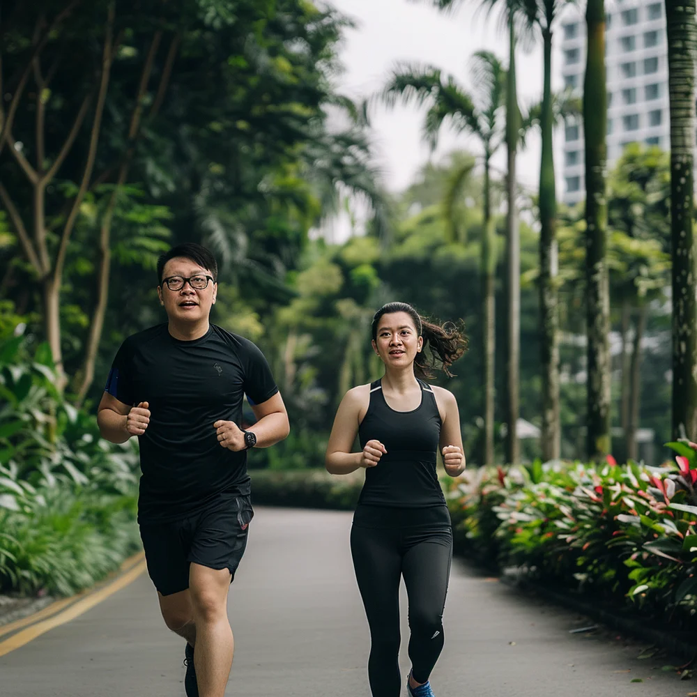 Asian man and woman jogging in Singapore park as part of lifestyle changes to manage diabetes.