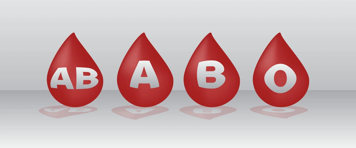 Various blood types displayed in 3D fashion in the form of blood droplets.
