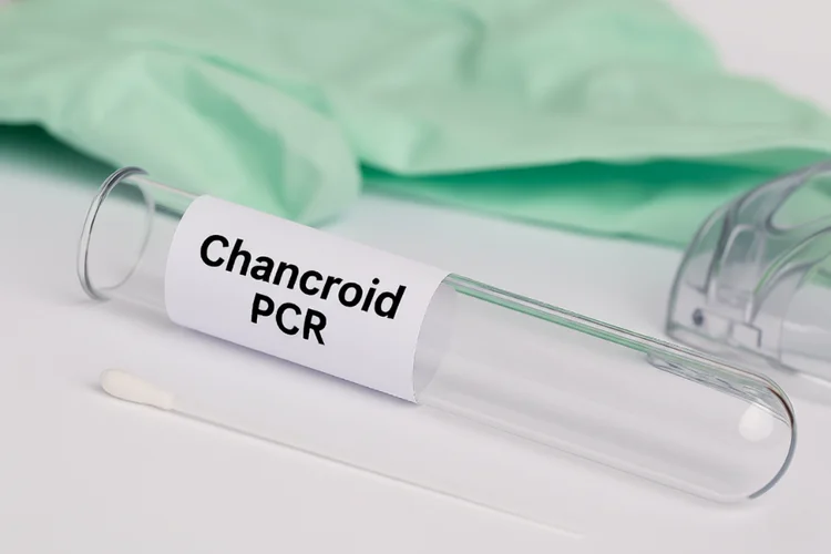 Chancroid PCR test tube and swab used for laboratory diagnosis of haemophilus ducreyi infection.