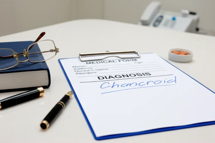Clipboard with medical form showing chancroid diagnosis representing testing and treatment process.