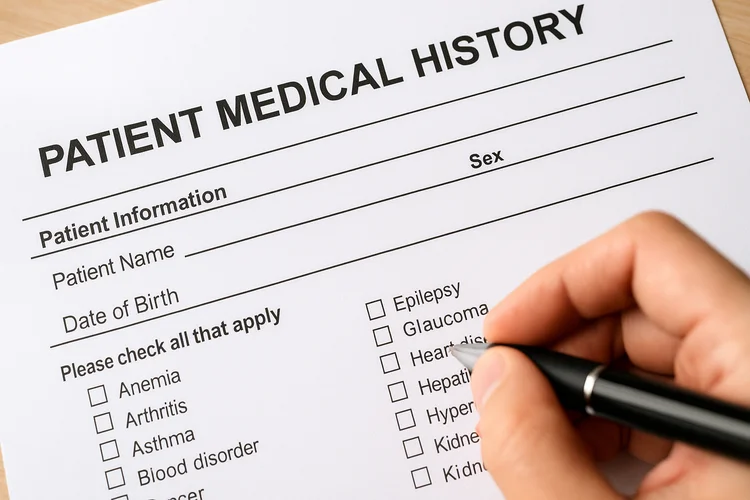 Close-up of patient completing medical history form for premarital health screening in a GP clinic.
