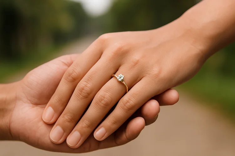 Couple holding hands with engagement ring highlighting importance of premarital health screening.