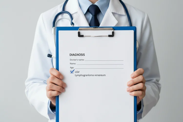 Doctor holding clipboard with lymphogranuloma venereum (LGV) diagnosis form in medical consultation.