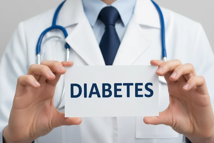 Doctor holding sign labelled diabetes indicating suitability for continuous glucose monitoring.