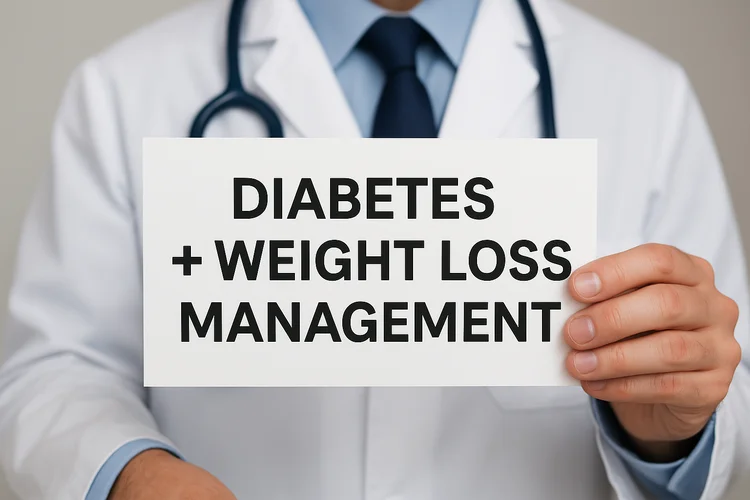 Doctor holding sign on diabetes and weight loss management highlighting benefits of tirzepatide.