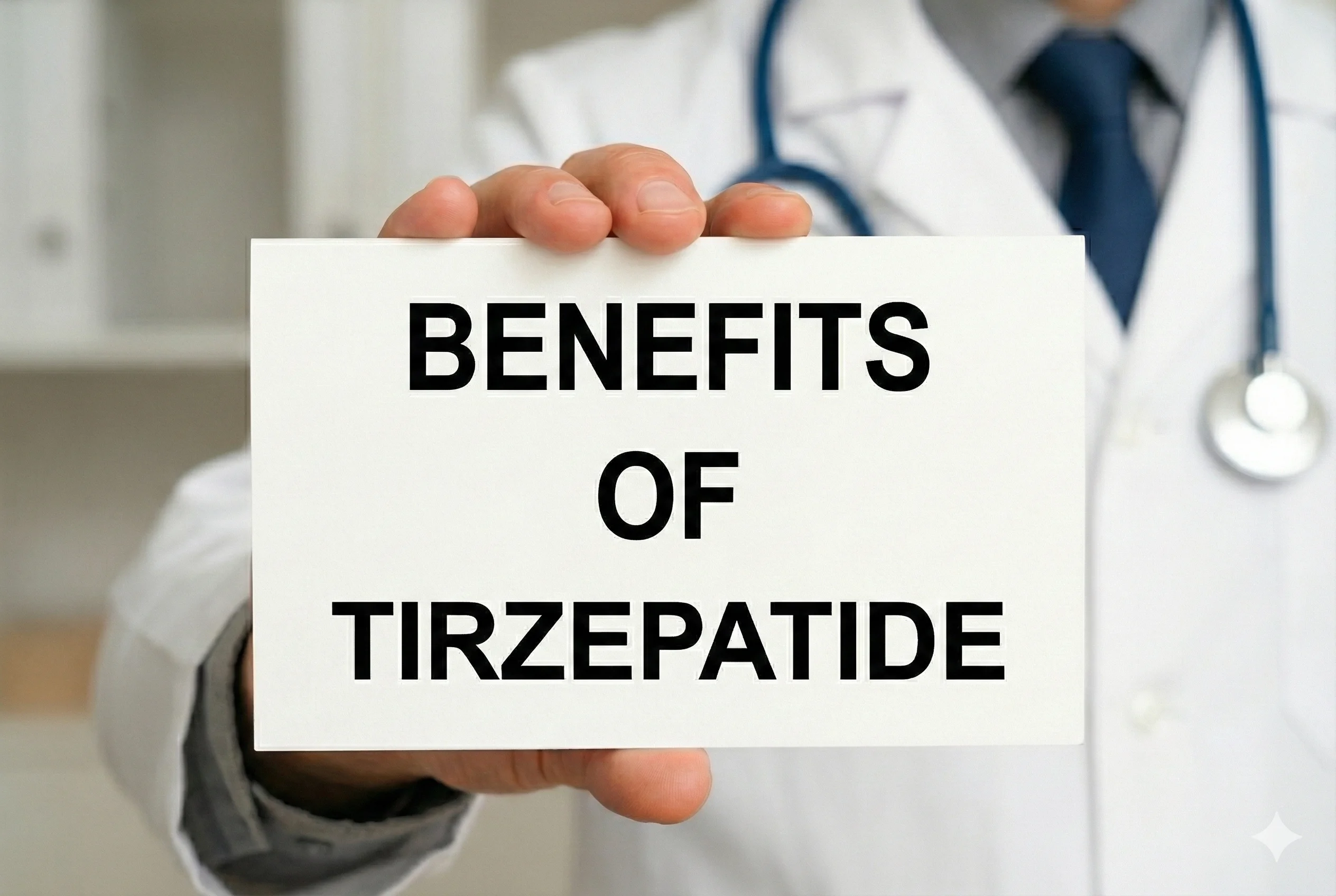 Doctor holding sign showing tirzepatide benefits including weekly dosing and home self-injection.