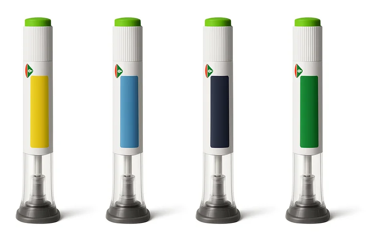 Dulaglutide injection pens in different colours showing weekly treatment options for type 2 diabetes.