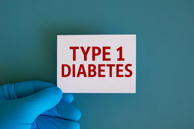 Gloved hand holding card with type 1 diabetes text indicating dulaglutide not suitable for condition.