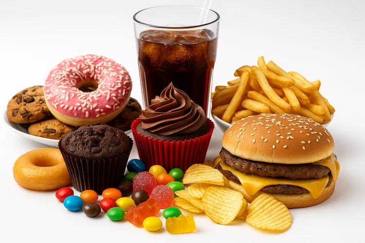 High-calorie processed and sugary foods like burgers, doughnuts, cupcakes and soda causing obesity.