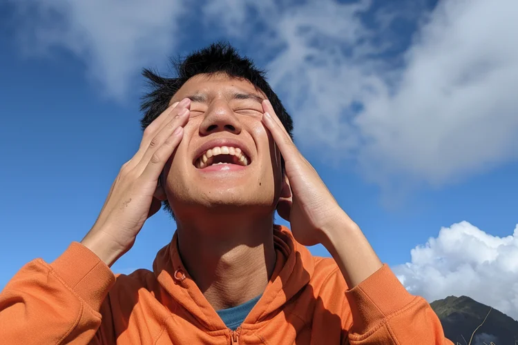 Hiker clutching head in sunlight showing headache and dizziness symptoms of altitude sickness.