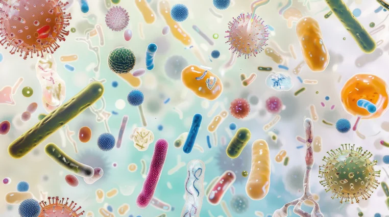 Illustration of diverse gut microbiome microorganisms including bacteria, viruses, and fungi.