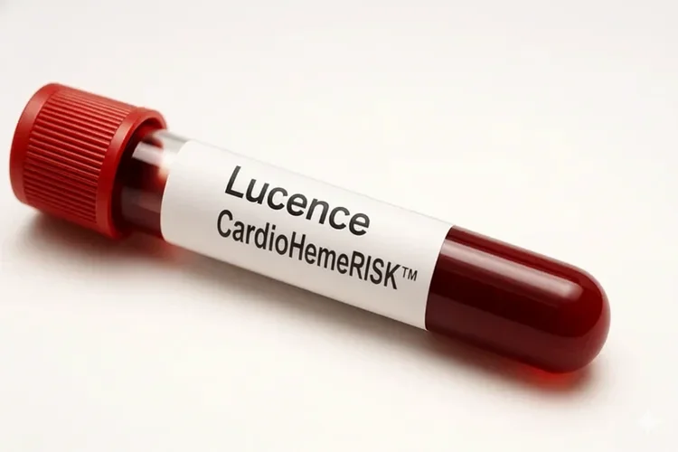 Test tube labelled Lucence CardioHemeRISK to detect risk of heart attack, stroke, and leukaemia.