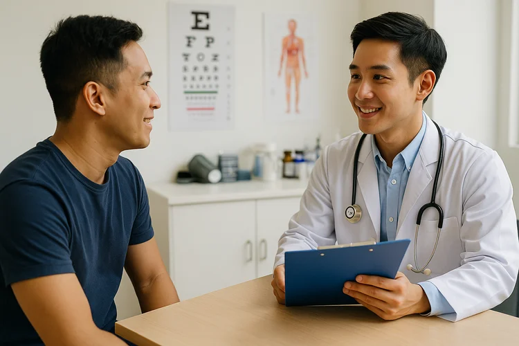 Male patient consulting doctor on most suitable health screening package based on risks and budget.