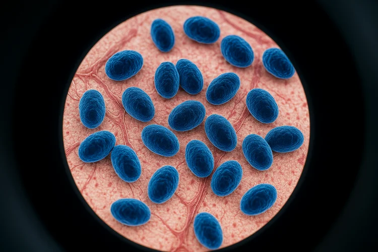 Microscopic view of ureaplasma bacteria showing oval cells linked to genital tract infections.