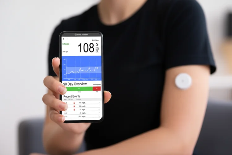 Person showing glucose monitor app linked to sensor on arm to illustrate real-time diabetes tracking.