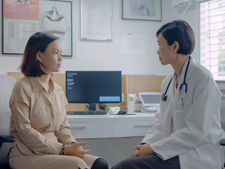 Middle-aged Singaporean woman consulting doctor about bone density scan to evaluate osteoporosis risk.