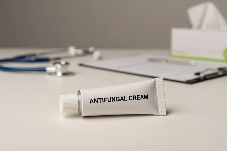 Topical antifungal cream tube on medical desk used for treating vaginal yeast infection in women.
