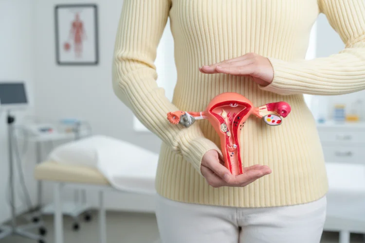 Woman holding female reproductive system model to illustrate effects of Mycoplasma genitalium.